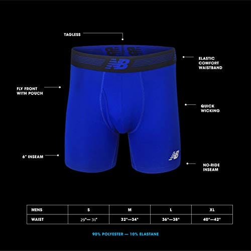 New Balance Men's 6" Boxer Brief Fly Front With Pouch, 3-Pack, Black/Black/Black, Small