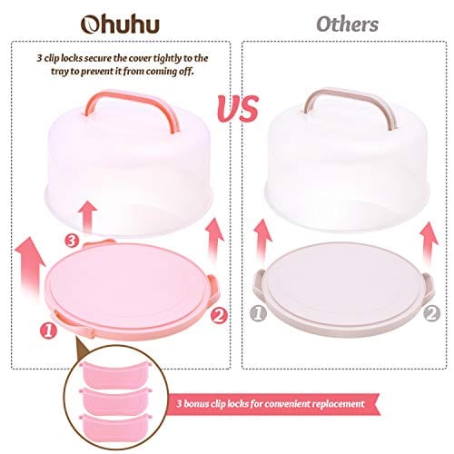 Products Cake Carrier, Ohuhu Cupcake Containers, Cake Stand with Lid, Portable Round Cake Container, Cake Holder with Handle Two Sided Base