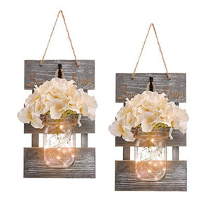 Rustic Grey Mason Jar Sconces for Home Decor, Decorative Chic Hanging Wall Decor Mason Jars with LED Strip Lights, 6-Hour Timer, Silk Hydrangea, Iron Hooks for Home & Kitchen Decorations [Set of 2]