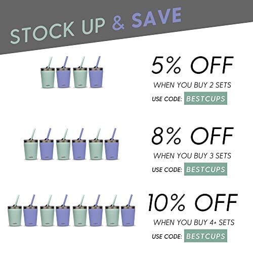 Cupkin Stackable Stainless Steel Cups for Toddlers (EASY to Clean) - Set of 2 Powder Coated Vacuum Insulated Kids Tumblers, 2 BPA Free Lids & 2 Reusable Silicone Straws (Aqua + Perriwinkle, 8.5 OZ)