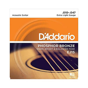 D’Addario EJ15 Phosphor Bronze Acoustic Guitar Strings, Extra Light (1 Set) – Corrosion-Resistant Phosphor Bronze, Offers a Warm, Bright and Well-Balanced Acoustic Tone and Comfortable Playability