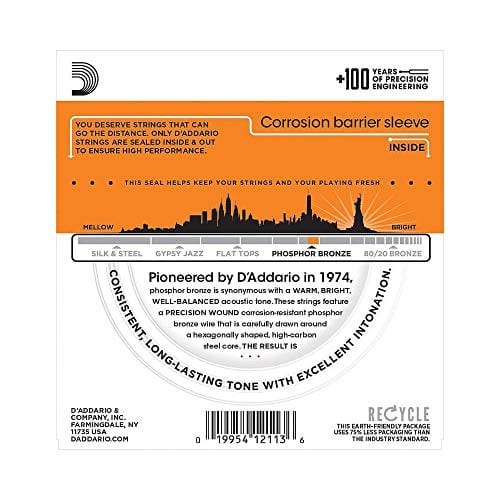 D’Addario EJ15 Phosphor Bronze Acoustic Guitar Strings, Extra Light (1 Set) – Corrosion-Resistant Phosphor Bronze, Offers a Warm, Bright and Well-Balanced Acoustic Tone and Comfortable Playability