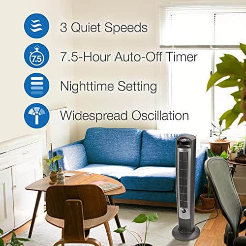 Lasko Portable Electric 42" Oscillating Tower Fan with Nighttime Setting, Timer and Remote Control for Indoor, Bedroom and Home Office Use, Silver T42951