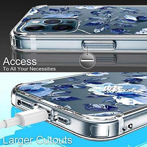 GiiKa for iPhone 12 Case, iPhone 12 Pro Case with Screen Protector, Clear Full Body Protective Floral Girls Women Shockproof Hard Case with TPU Bumper Cover Phone Case for iPhone 12, Blue Flowers