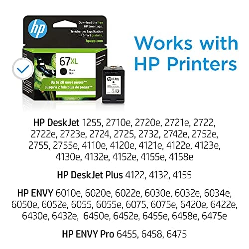 HP 67XL | Ink Cartridge | Black | Works with HP ENVY 6000 Series, HP ENVY Pro 6400 Series, HP DeskJet 1255, 2700 Series, DeskJet Plus 4100 Series | 3YM57AN