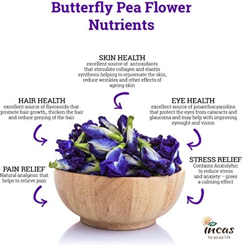 Incas 100% USDA Organic Butterfly Pea Flower Tea 4.41 oz (125 g) Non GMO Verified Dried Butterfly Pea Flowers Caffeine Free Gluten Free
