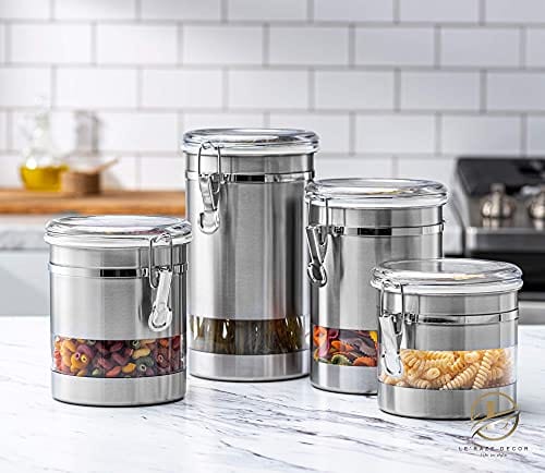 Le'raze Airtight Food Storage Container for Kitchen Counter with Window, Canister Set Ideal for Flour Tea, Sugar, Coffee, Candy, Cookie Jar with Clear Acrylic Lids & Locking Clamp