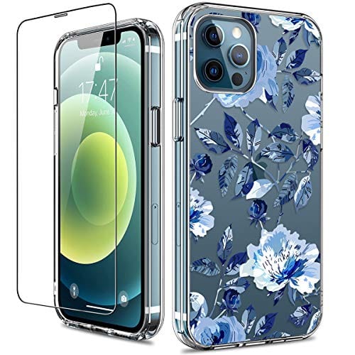 GiiKa for iPhone 12 Case, iPhone 12 Pro Case with Screen Protector, Clear Full Body Protective Floral Girls Women Shockproof Hard Case with TPU Bumper Cover Phone Case for iPhone 12, Blue Flowers