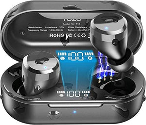 TOZO T12 Wireless Earbuds Bluetooth Headphones Premium Fidelity Sound Quality Wireless Charging Case Digital LED Intelligence Display IPX8 Waterproof Earphones Built-in Mic Headset for Sport Black