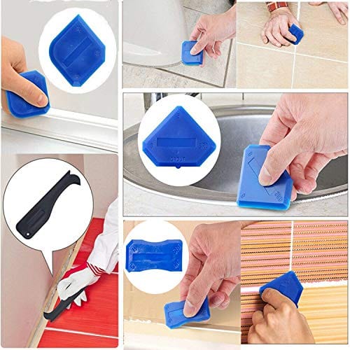 3 in 1 Silicone Caulking Tools（stainless steelhead）, Sealant Finishing Tool Grout Scraper, Reuse and Replace 5 Silicone Pads, Great Tools for Kitchen Bathroom Window, Sink Joint