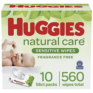 Baby Wipes, Huggies Natural Care Sensitive Baby Diaper Wipes, Unscented, Hypoallergenic, 10 Flip-Top Packs (560 Wipes Total)