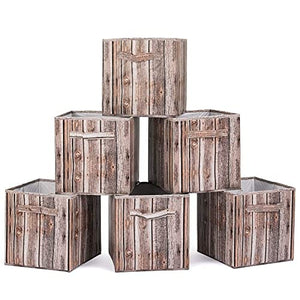 MaidMAX Bins, Foldable Storage Cubes with Handles for Closet, Laundry, Home and Office, Wood Grain Print, Set of 6