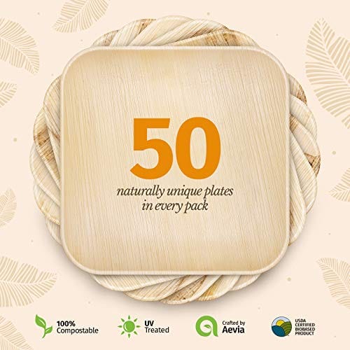 6" Palm Leaf Plates - Alternative to Disposable Bamboo Plates - Compostable, Biodegradable & Eco-Friendly Party Plates for Desserts By Aevia (50 Pack, Square)