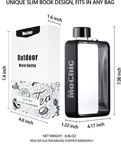 MoChic Flat Water Bottle Travel Flask Portable Travel Mug BPA Free A5 Water Bottle for Sports Camping Gym Fitness Outdoor 13oz Fit in Any Bag (Black)