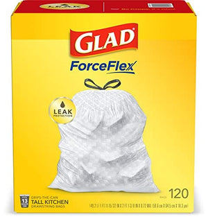 Glad ForceFlex Tall Kitchen Drawstring Trash Bags – 13 Gallon White Trash Bag, Unscented – 120 Count (Package May Vary)