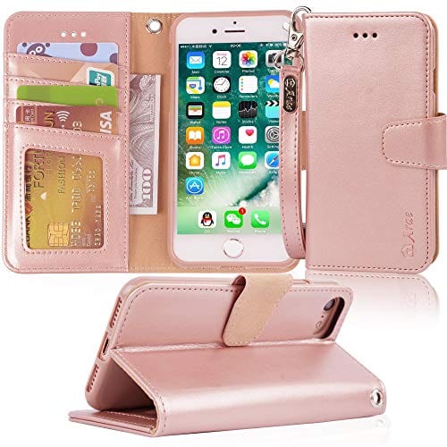 Arae Case for iPhone 7 / iPhone 8 / iPhone SE 2020, Premium PU leather wallet Case with Kickstand and Flip Cover for iPhone 7 / iPhone 8 / iPhone SE 2nd Generation 4.7 inch - Rosegold