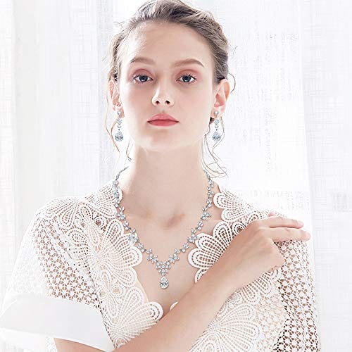 Jewelry Set for Women, White Gold Plated Wedding Party Jewelry for Bridal Bridesmaid, Necklace Dangle Earrings Set with White AAA Cubic Zirconia