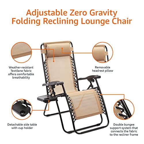 Amazon Basics Textilene Outdoor Adjustable Zero Gravity Folding Reclining Lounge Chair with Side table and Pillow - Pack of 2, Beige