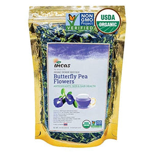 Incas 100% USDA Organic Butterfly Pea Flower Tea 4.41 oz (125 g) Non GMO Verified Dried Butterfly Pea Flowers Caffeine Free Gluten Free