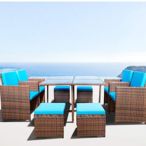 Devoko 9 Pieces Patio Dining Sets Outdoor Space Saving Rattan Chairs with Glass Table Patio Furniture Sets Cushioned Seating and Back Sectional Conversation Set (Blue)