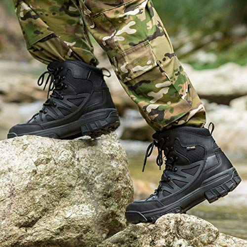 FREE SOLDIER Outdoor Men's Tactical Military Combat Ankle Boots Waterproof Lightweight Mid Hiking Boots (Black + Full Grain Leather 11.5 M US)