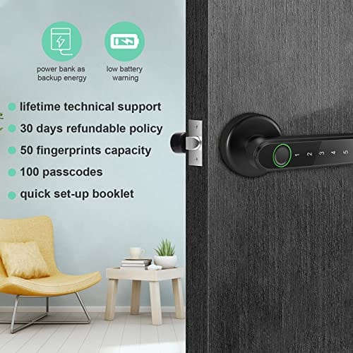 AIT Smart Fingerprint Door Lock,Biometric Keyless Entry Door Lock, Deadbolt Door Lock with Keypad, Fingerprint Door Lock with Reversible Handle Locking for Home and Apartment, Black