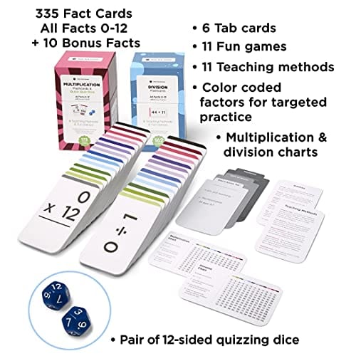 Think Tank Scholar 335 Multiplication & Division Flash Cards with Quizzing Dice | All Facts 0-12 | Best for Kids in 3rd, 4th, 5th, 6th Grade & Homeschool | Games & Charts