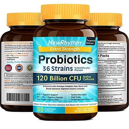 NewRhythm Extra Strength Probiotics 120 Billion CFU 36 Strains, 3-in-1 Digestive & Immune Support with Prebiotics & Enzymes, Targeted Release, Stomach Acid Resistant, No Refrigeration, Non-GMO, Vegan