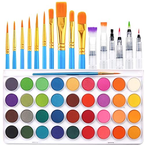 36 Colors Watercolor Paint Set, AROIC Watercolor Pan Set with 10 Nylon Brushes and 6 Refillable Water Brushes. Perfect for Adults, Children and Beginner Artists.