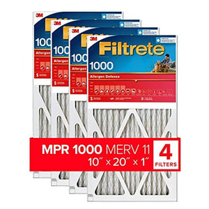 Filtrete 10x20x1, AC Furnace Air Filter, MPR 1000, Micro Allergen Defense, 4-Pack (exact dimensions 9.81 x 19.81 x 0.81)