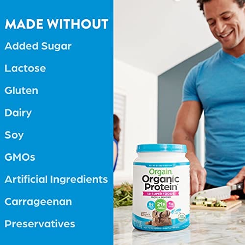 Orgain Organic Protein + Superfoods Powder, Creamy Chocolate Fudge - Vegan, Plant Based, 6g of Fiber, No Dairy, Gluten, Soy or Added Sugar, Non-GMO, 1.12 Lb