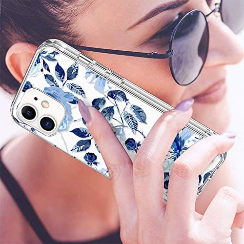 GiiKa for iPhone 12 Case, iPhone 12 Pro Case with Screen Protector, Clear Full Body Protective Floral Girls Women Shockproof Hard Case with TPU Bumper Cover Phone Case for iPhone 12, Blue Flowers