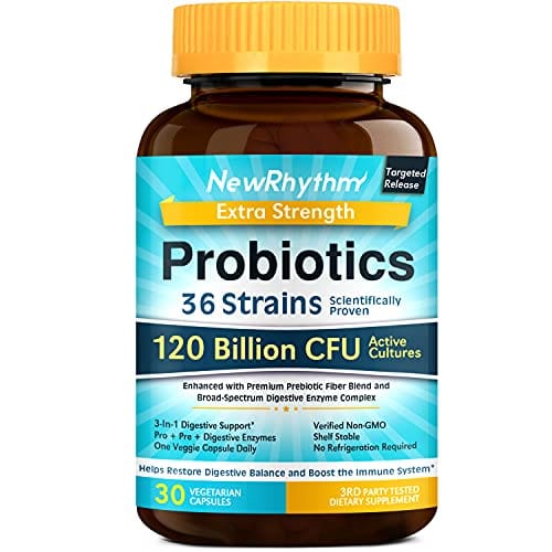 NewRhythm Extra Strength Probiotics 120 Billion CFU 36 Strains, 3-in-1 Digestive & Immune Support with Prebiotics & Enzymes, Targeted Release, Stomach Acid Resistant, No Refrigeration, Non-GMO, Vegan