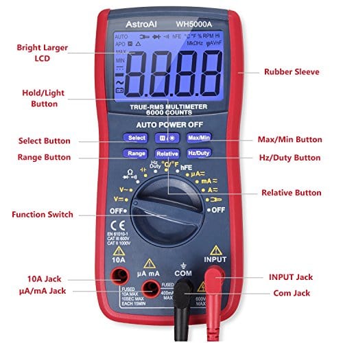 AstroAI Digital Multimeter TRMS 6000 Counts Volt Meter Auto-Ranging Tester; Fast Accurately Measures Voltage Current Resistance Diodes Continuity Duty-Cycle Capacitance Temperature for Automotive