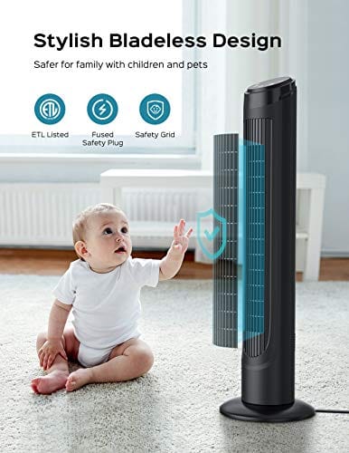 Tower Fan, Dreo 90° Oscillating Fans with Remote, Quiet Cooling,12 Modes, 12H Timer, Space-Saving, LED Display with Touch Control, 40” Portable Floor Bladeless Fan for Bedroom Living Rooms Office