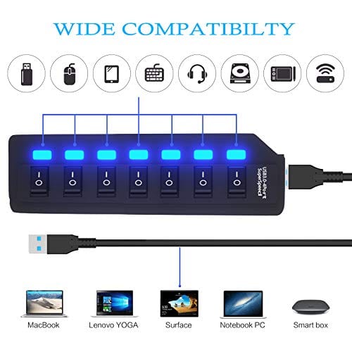 USB Hub 3.0 Splitter,7 Port USB Data Hub with Individual On/Off Switches and Lights for Laptop, PC, Computer, Mobile HDD, Flash Drive and More