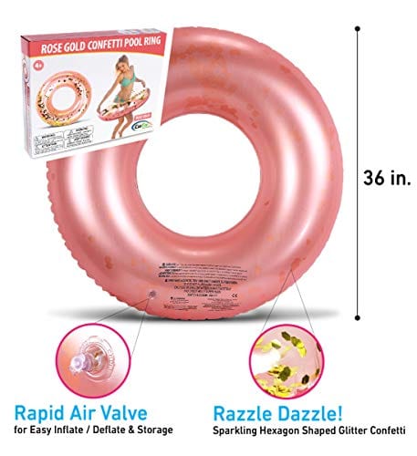 CoTa Global Inflatable Pool Float Tube Confetti 36 Inches Premium Swim Ring Heavy Duty Vinyl Flotation Pool Floats Toy for The Beach, Party, Vacation, UV Resistant - Pool Party (Rose Gold)