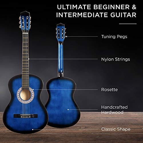 Best Choice Products 38in Beginner All Wood Acoustic Guitar Starter Kit w/Gig Bag, Digital Tuner, 6 Celluloid Picks, Nylon Strings, Capo, Cloth, Strap w/Pick Holder - Blue