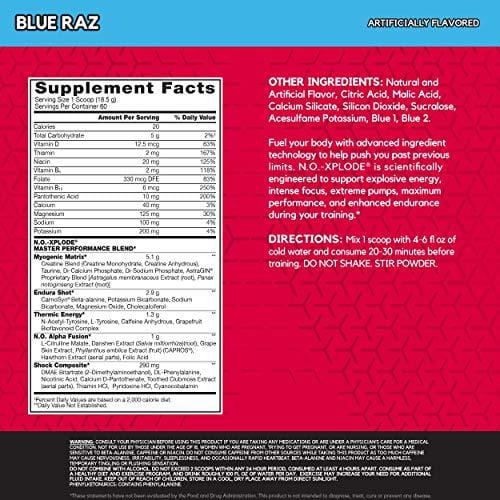 BSN N.O.-XPLODE Pre Workout Powder, Energy Supplement for Men and Women with Creatine and Beta-Alanine, Flavor: Blue Raz, 60 Servings
