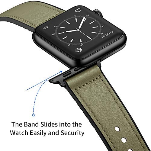 OUHENG Compatible with Apple Watch Band 40mm 38mm, Sweatproof Genuine Leather and Rubber Hybrid Band Strap Compatible with iWatch Series 6 5 4 3 2 1 SE, Army Green Band with Black Adapter