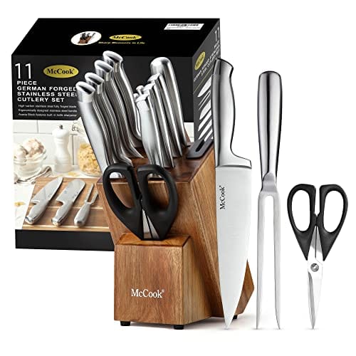 McCook MC35 Knife Sets,11 Pieces German Stainless Steel Hollow Handle Self Sharpening Kitchen Knife Set in Acacia Block