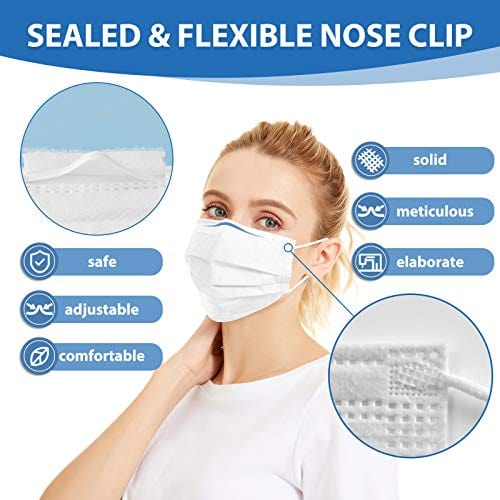 Wudida White Disposable Face Masks 50pcs, 3 Ply White Face Masks Breathable for Adults