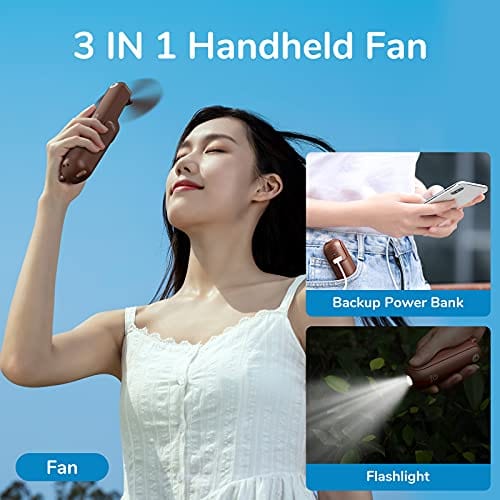 JISULIFE Handheld Mini Fan, 3 IN 1 Hand Fan, Portable USB Rechargeable Small Pocket Fan, Battery Operated Fan [14-21 Working Hours] with Power Bank, Flashlight Feature for Women,Travel,Outdoor-Brown