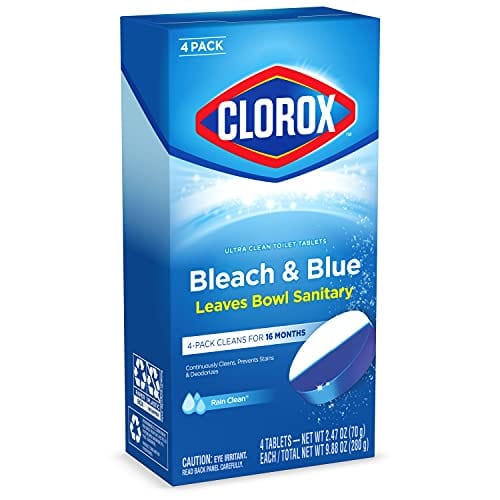Clorox Ultra Clean Toilet Tablets Bleach & Blue, Rain Clean Scent 2.47 Ounces Each, 4 Count (Package May Vary)