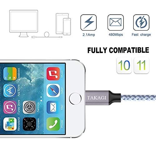 iPhone Charger, TAKAGI Lightning Cable 3PACK 6FT Nylon Braided USB Charging Cable High Speed Data Sync Transfer Cord Compatible with iPhone 12/11 Pro Max/XS MAX/XR/XS/X/8/7/Plus/6S/6/SE/5S/iPad