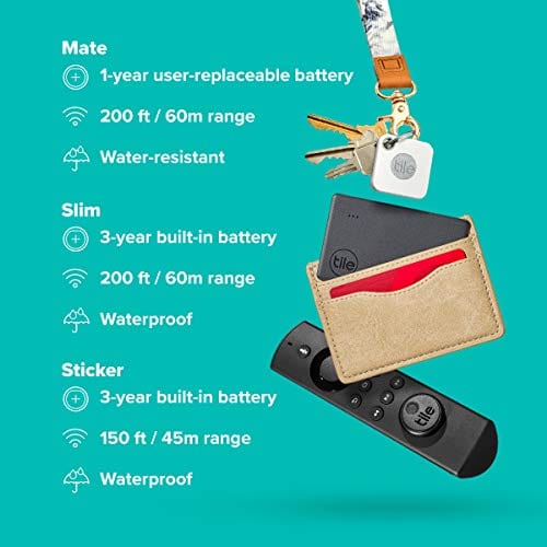 Tile Essentials (2020) 4-pack (1 Mate, 1 Slim, 2 Stickers) - Bluetooth Tracker & Item Locators for Keys, Wallets, Remotes & More; Easily Find All Your Things