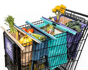 Lotus Trolley Bags -set of 4 -w/LRG COOLER Bag & Egg/Wine holder! Reusable Grocery Cart Bags sized for USA. Eco-friendly 4-Bag Grocery Tote. (Purple, Turquoise, Blue, Brown,)