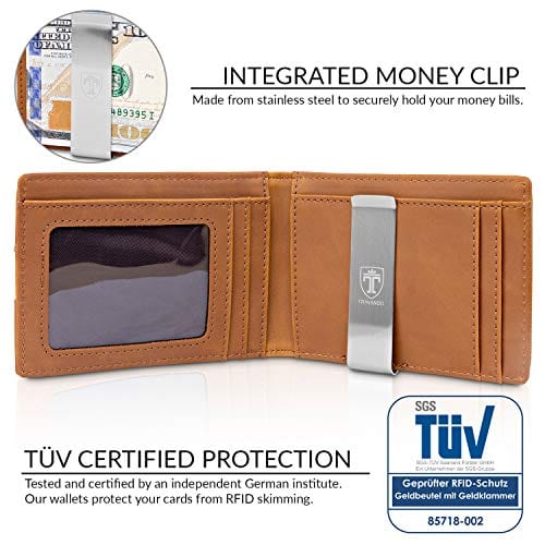 TRAVANDO Slim Wallet with Money Clip SEATTLE RFID Blocking Card Mini Bifold Men (Suede Leather, Cognac Brown)