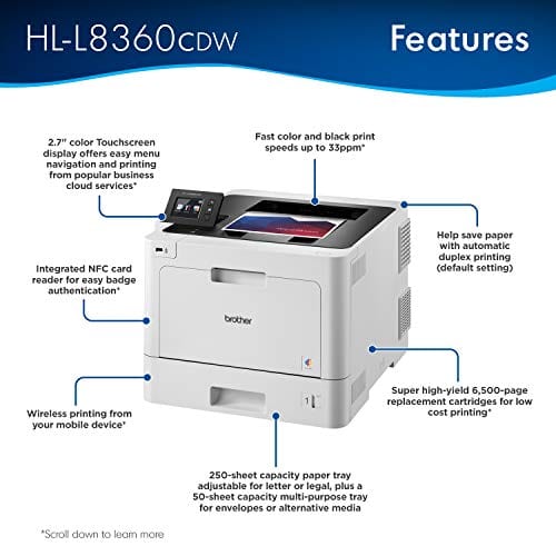 Brother Business Color Laser Printer, HL-L8360CDW, Wireless Networking, Automatic Duplex Printing, Mobile Printing, Cloud printing, Amazon Dash Replenishment Ready