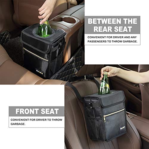 Knodel Car Trash Can with Lid, Leak-Proof Car Garbage Can with Storage Pockets, Waterproof Auto Garbage Bag Hanging for Headrest (Small, Black)